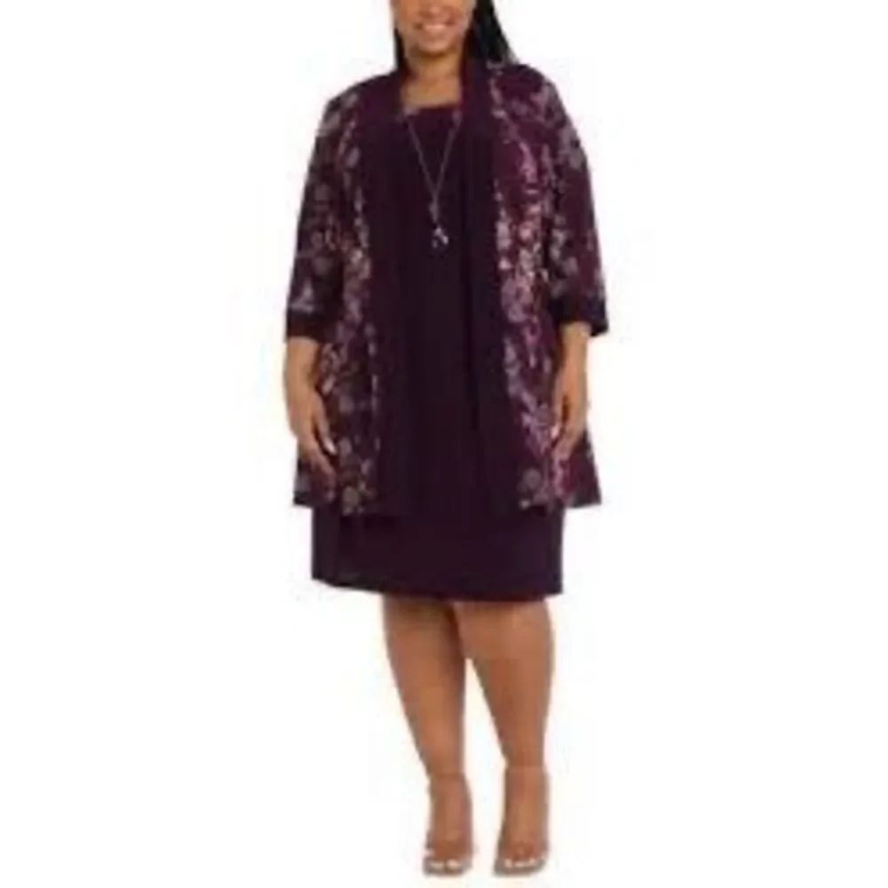 R&M Richards Size 18 Mother Of The Bride Dress & Shawl Purple Floral Knee Length